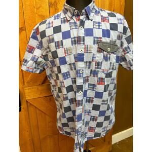 Men's XXL Patchwork Checkered Button Up Short Sleeve PRPGNDA guc